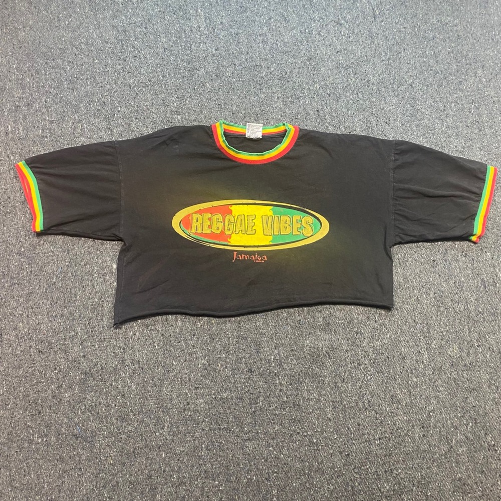 Sun Island Reggae Vibes TShirt Sz M Womens Black Y2K Skater Rasta Cropped Tee‎